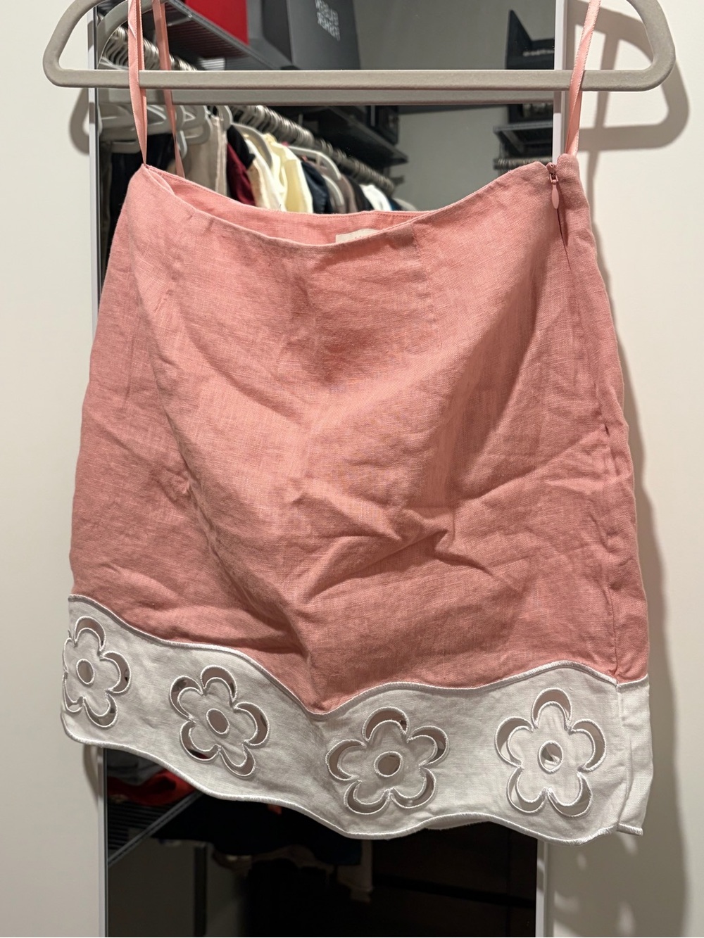 STAUD Pink Linen-Blend Mini Skirt with White Floral Cutwork Hem